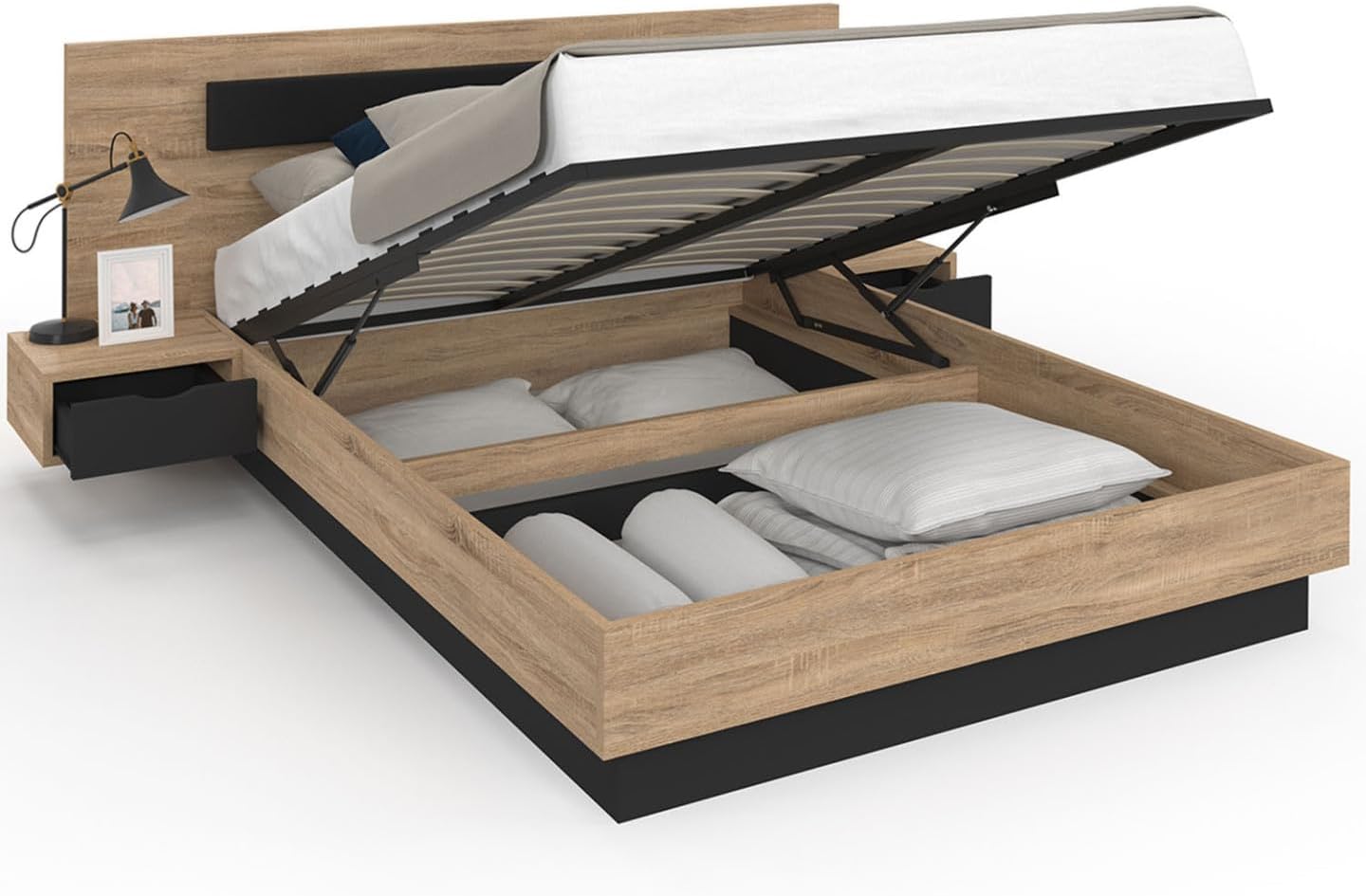 - Lit Coffre Santa avec Tables de chevets intégrées et sommier 140x190cm Couleur Bois et Noir
