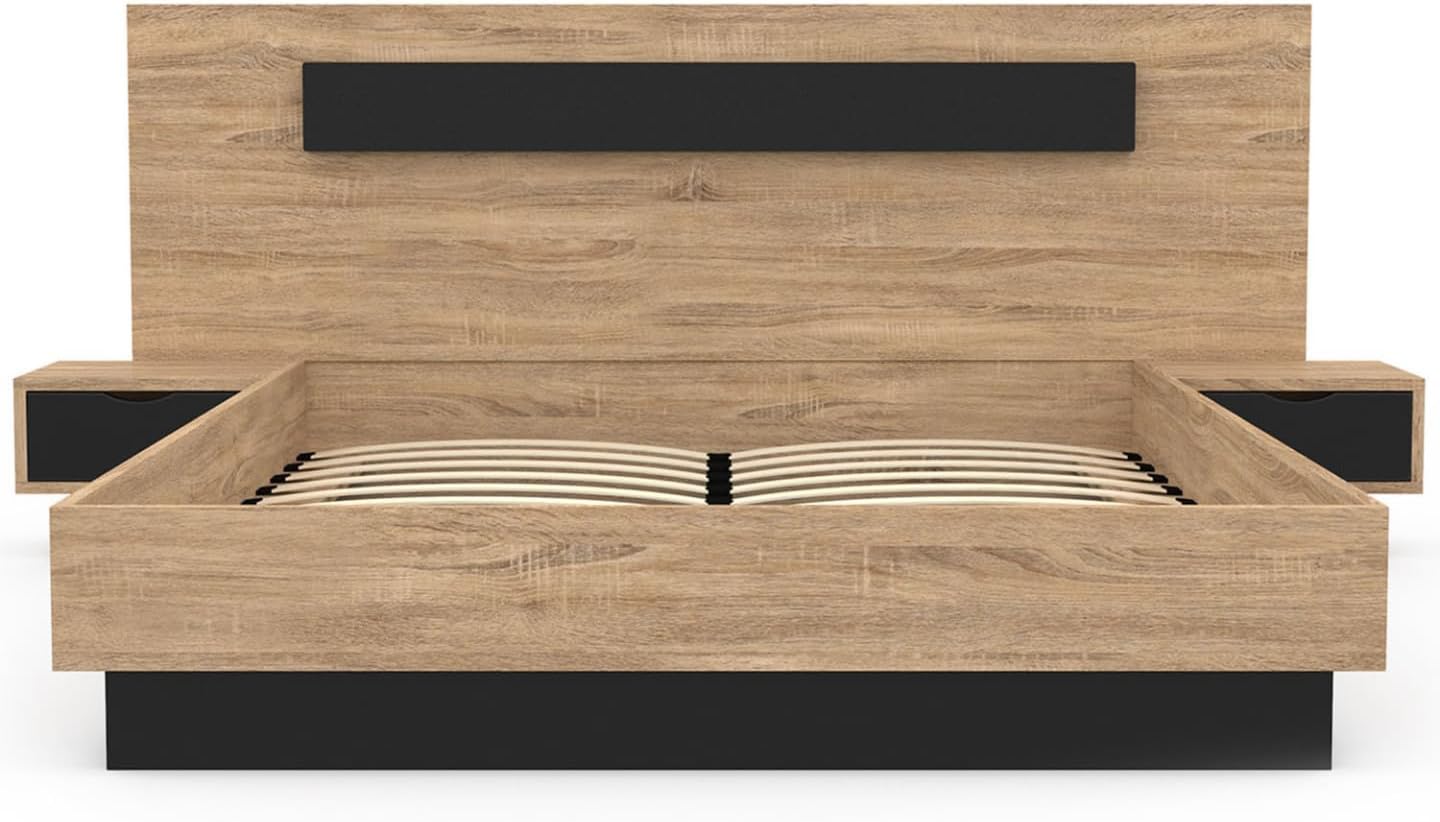 - Lit Coffre Santa avec Tables de chevets intégrées et sommier 140x190cm Couleur Bois et Noir
